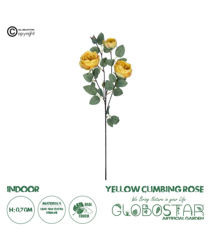 GloboStar® Artificial Garden YELLOW CLIMBING ROSE BRANCH 21186 Τεχνητό Διακοσμητικό Κλαδί Τριαντάφυλλο Κίτρινο Y70cm